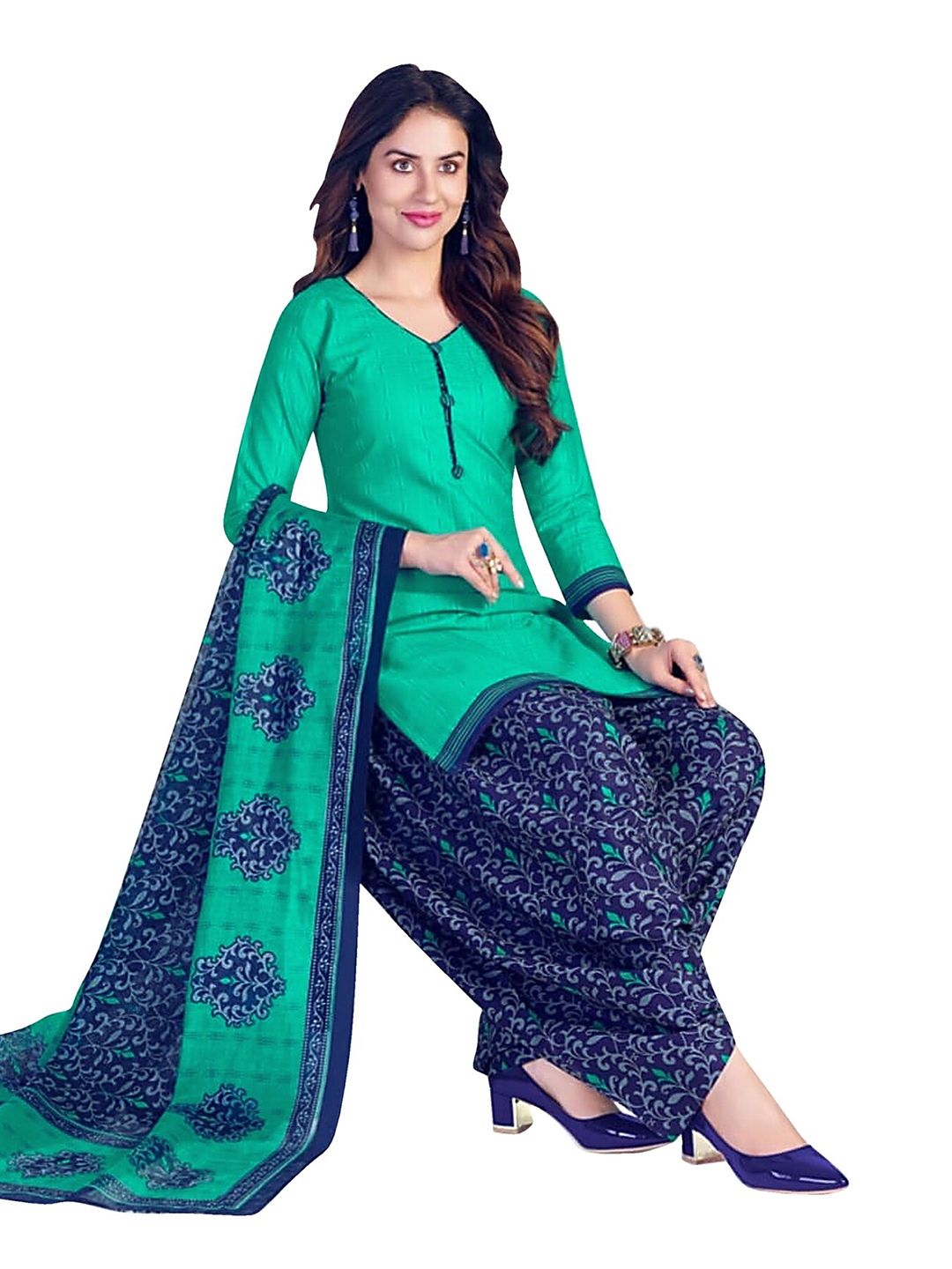 SALWAR STUDIO Green & Blue Printed Unstitched Dress Material Price in India