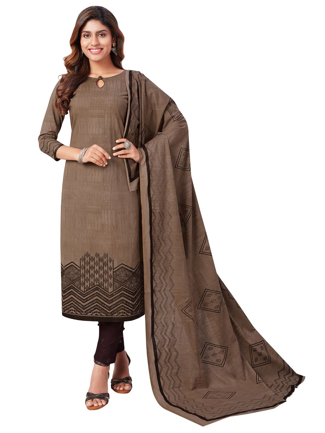 SALWAR STUDIO Brown & Black Printed Pure Cotton Unstitched Dress Material Price in India