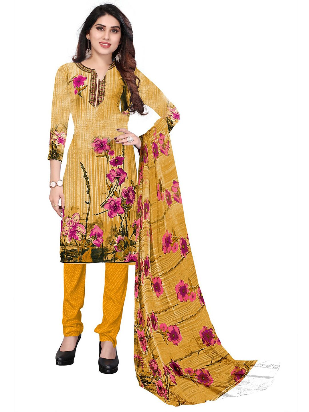 SALWAR STUDIO Yellow & Pink Printed Unstitched Dress Material Price in India