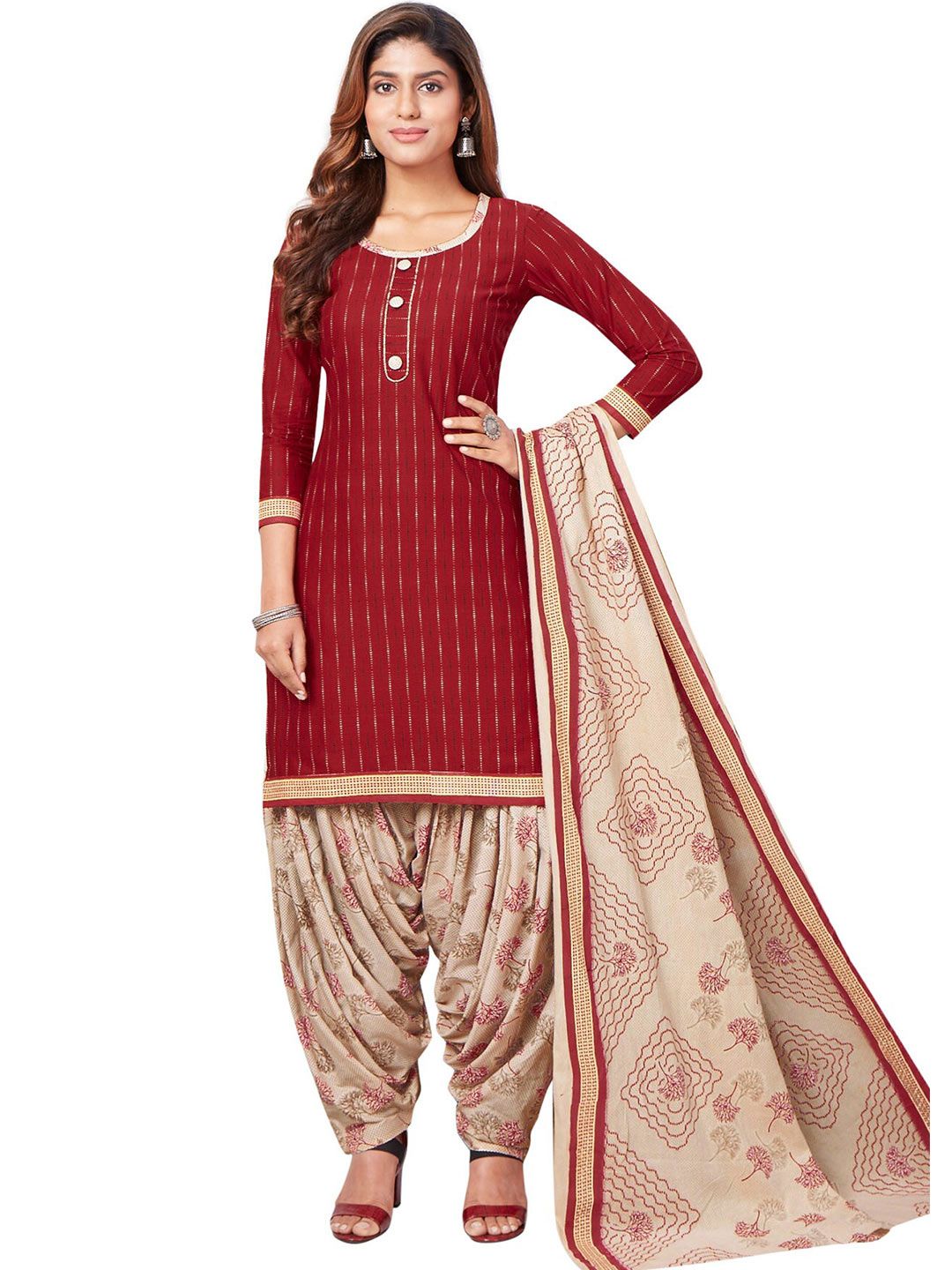 SALWAR STUDIO Red & Beige Printed Pure Cotton Unstitched Dress Material Price in India