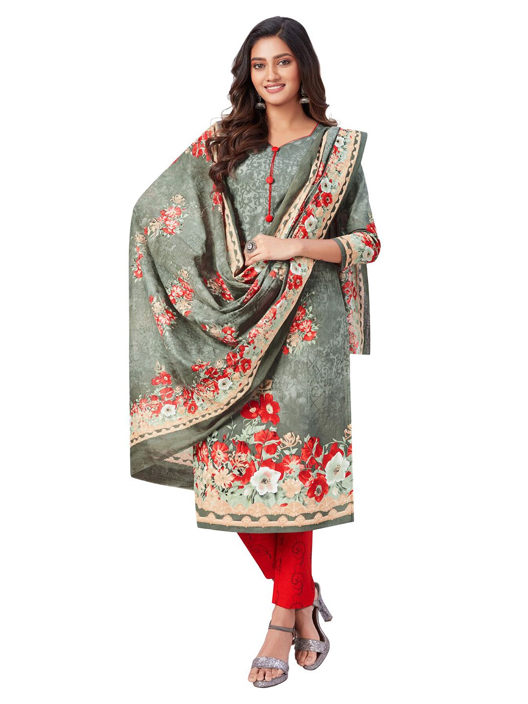 SALWAR STUDIO Grey & Red Printed Pure Cotton Unstitched Dress Material Price in India