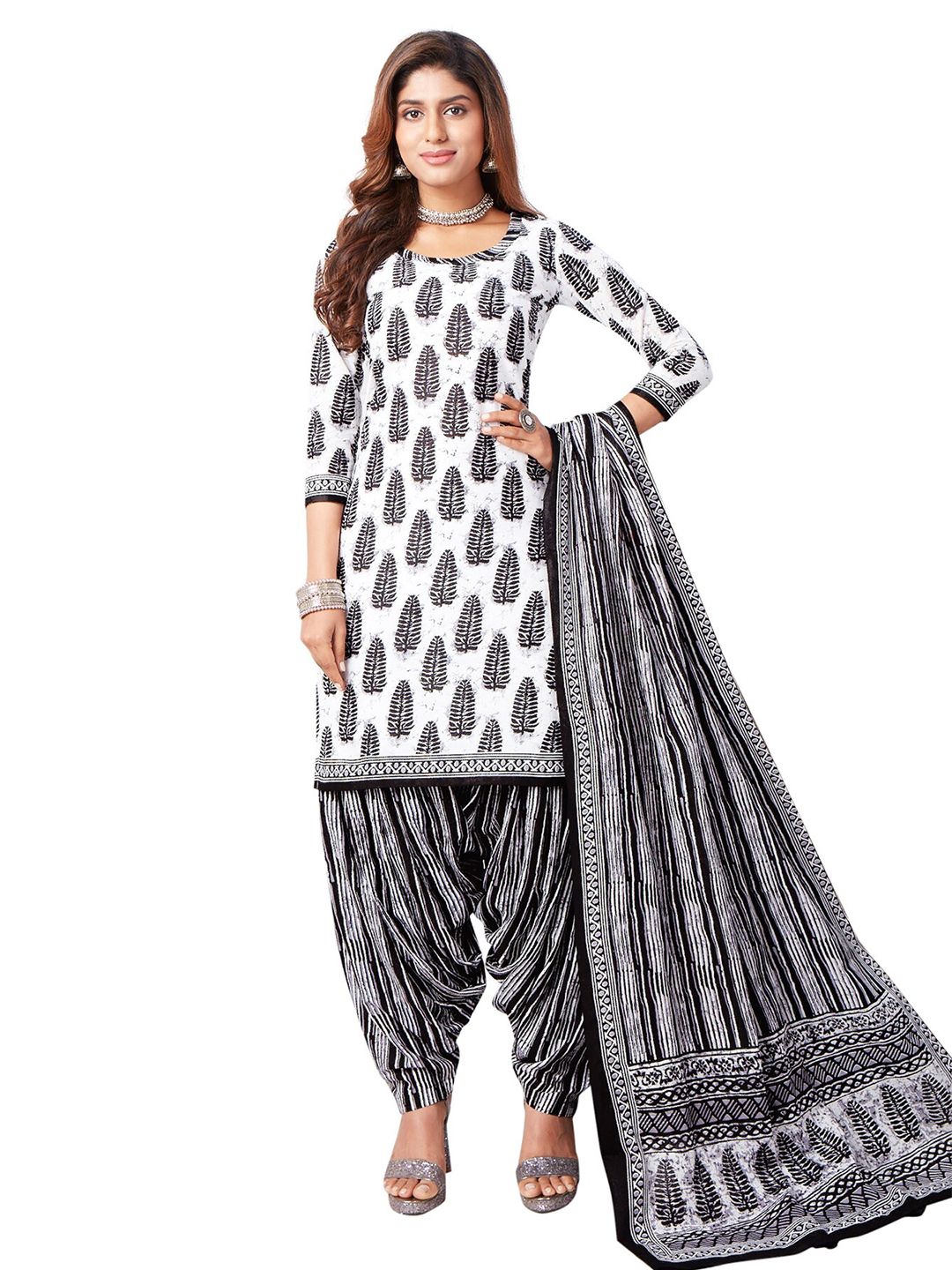 SALWAR STUDIO Women White & Black Printed Pure Cotton Unstitched Dress Material Price in India