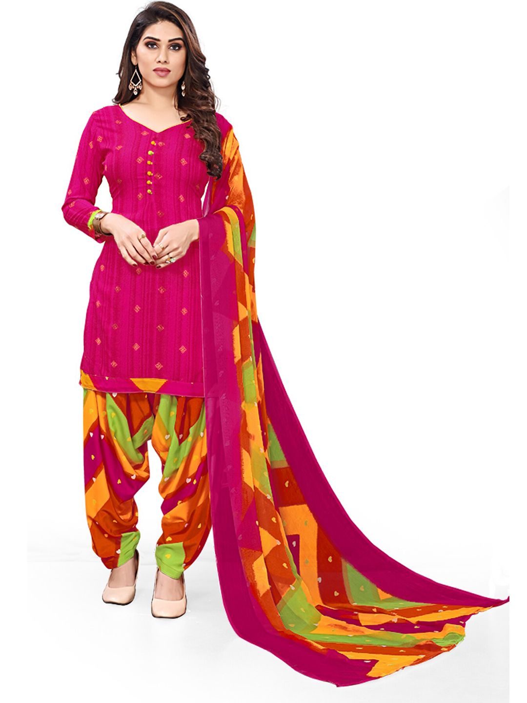 SALWAR STUDIO Women Pink & Green Printed Unstitched Dress Material Price in India