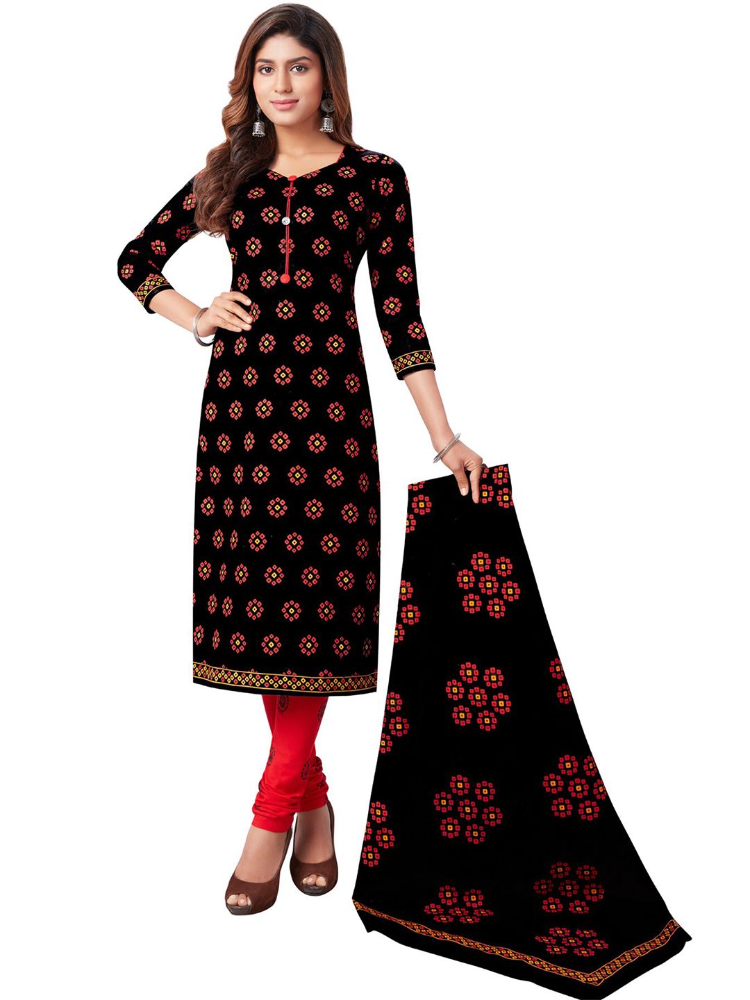 SALWAR STUDIO Women Black & Red Printed Pure Cotton Unstitched Dress Material Price in India