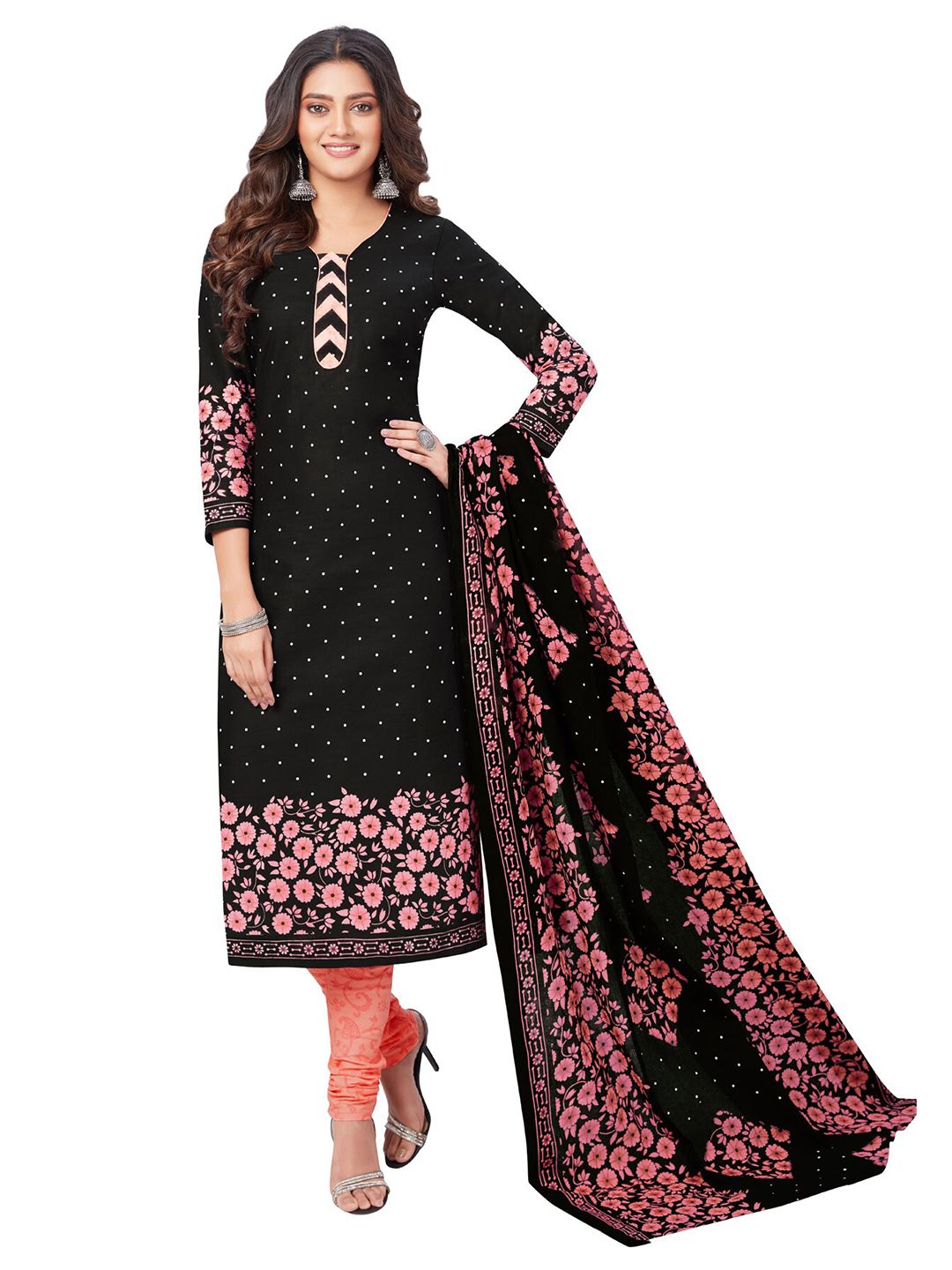 SALWAR STUDIO Women Black & Pink Printed Pure Cotton Unstitched Dress Material Price in India