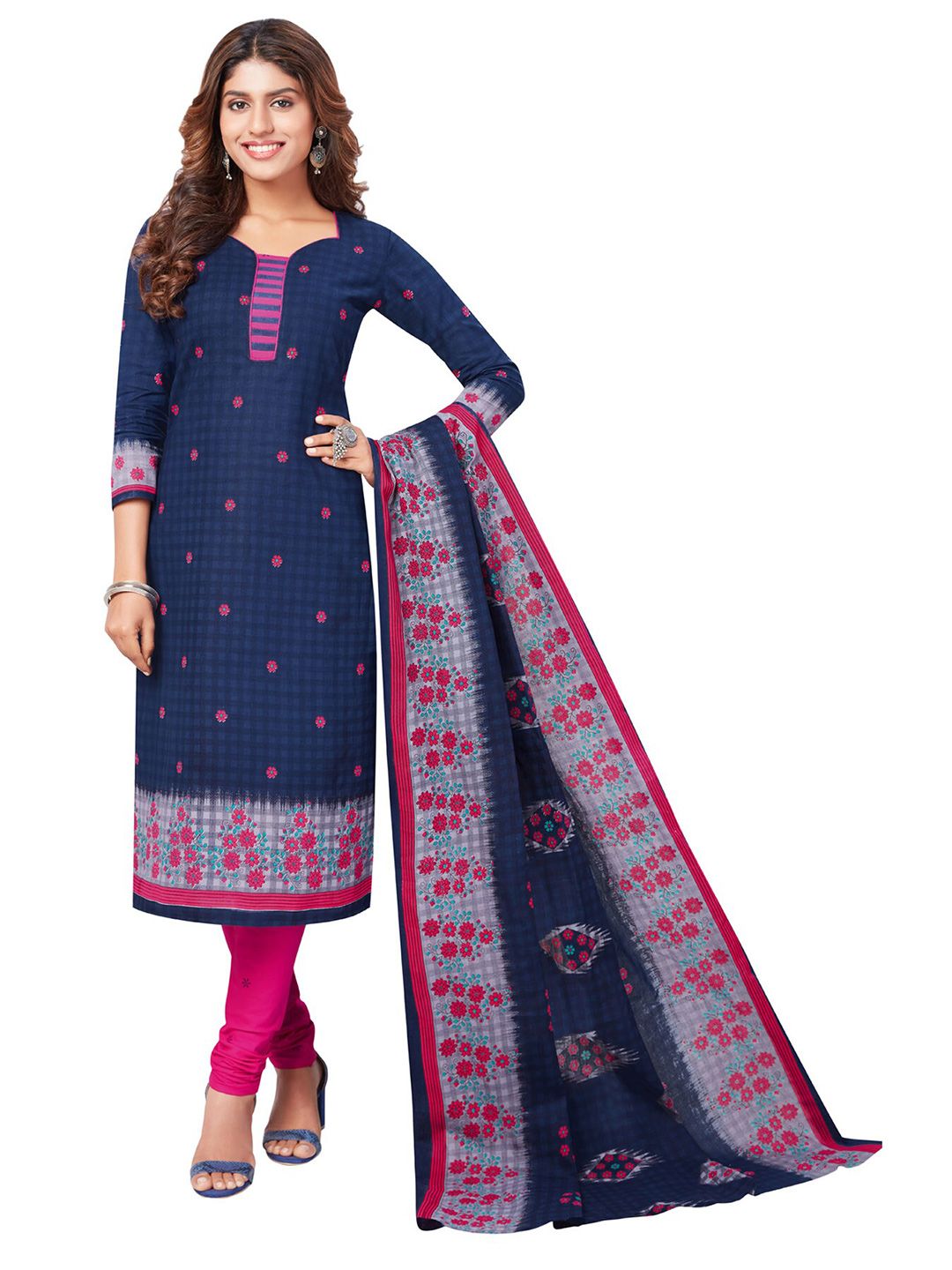 SALWAR STUDIO Women Blue & Pink Printed Pure Cotton Unstitched Dress Material Price in India