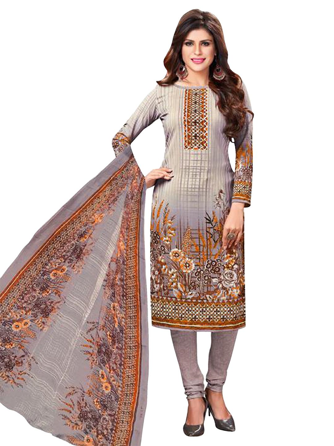 SALWAR STUDIO Women Grey & Orange Printed Unstitched Dress Material Price in India