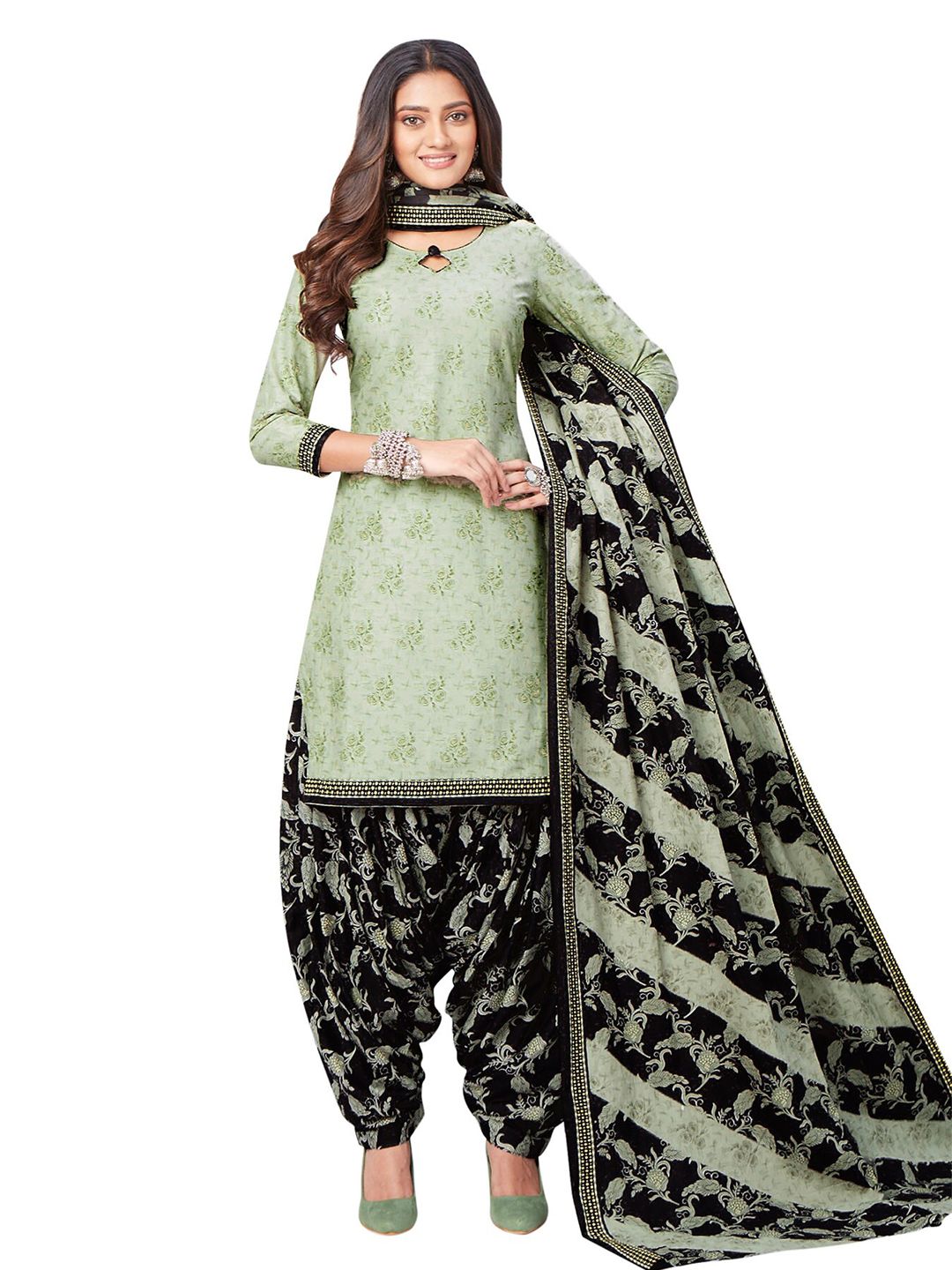 SALWAR STUDIO Women Green & Black Printed Pure Cotton Unstitched Dress Material Price in India