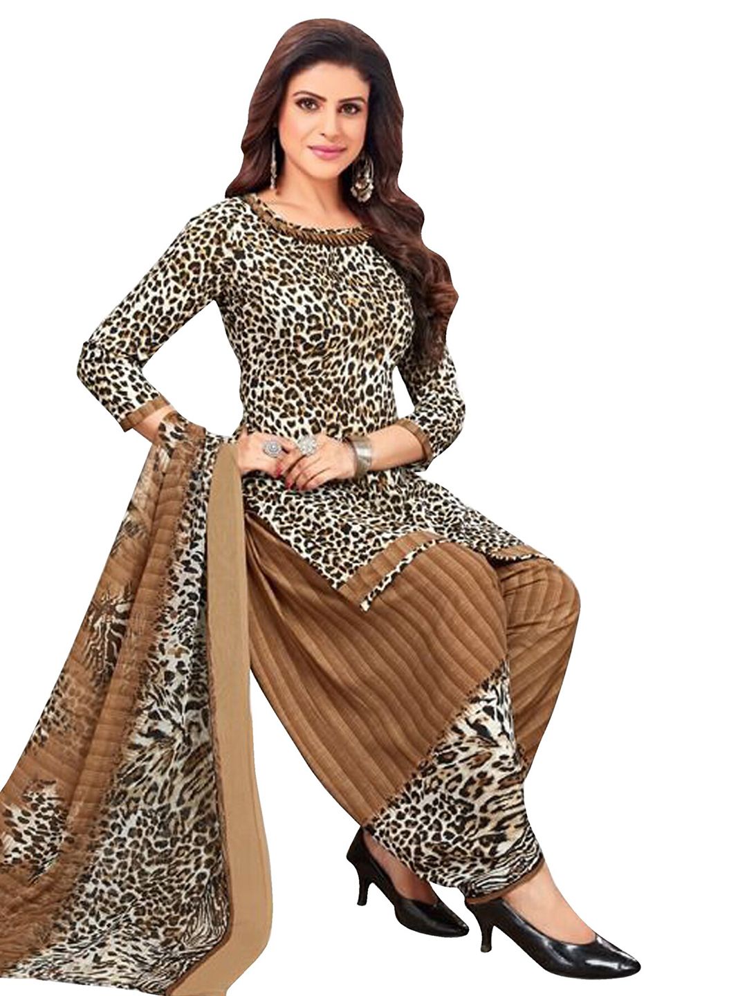 SALWAR STUDIO Women Black & Brown Printed Unstitched Dress Material Price in India