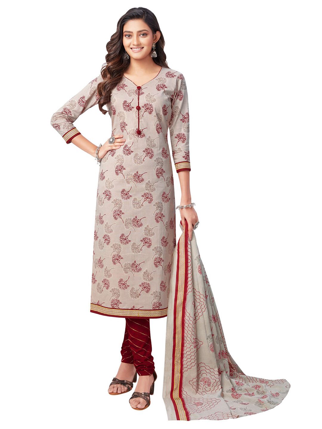 SALWAR STUDIO Women Beige & Red Printed Pure Cotton Unstitched Dress Material Price in India