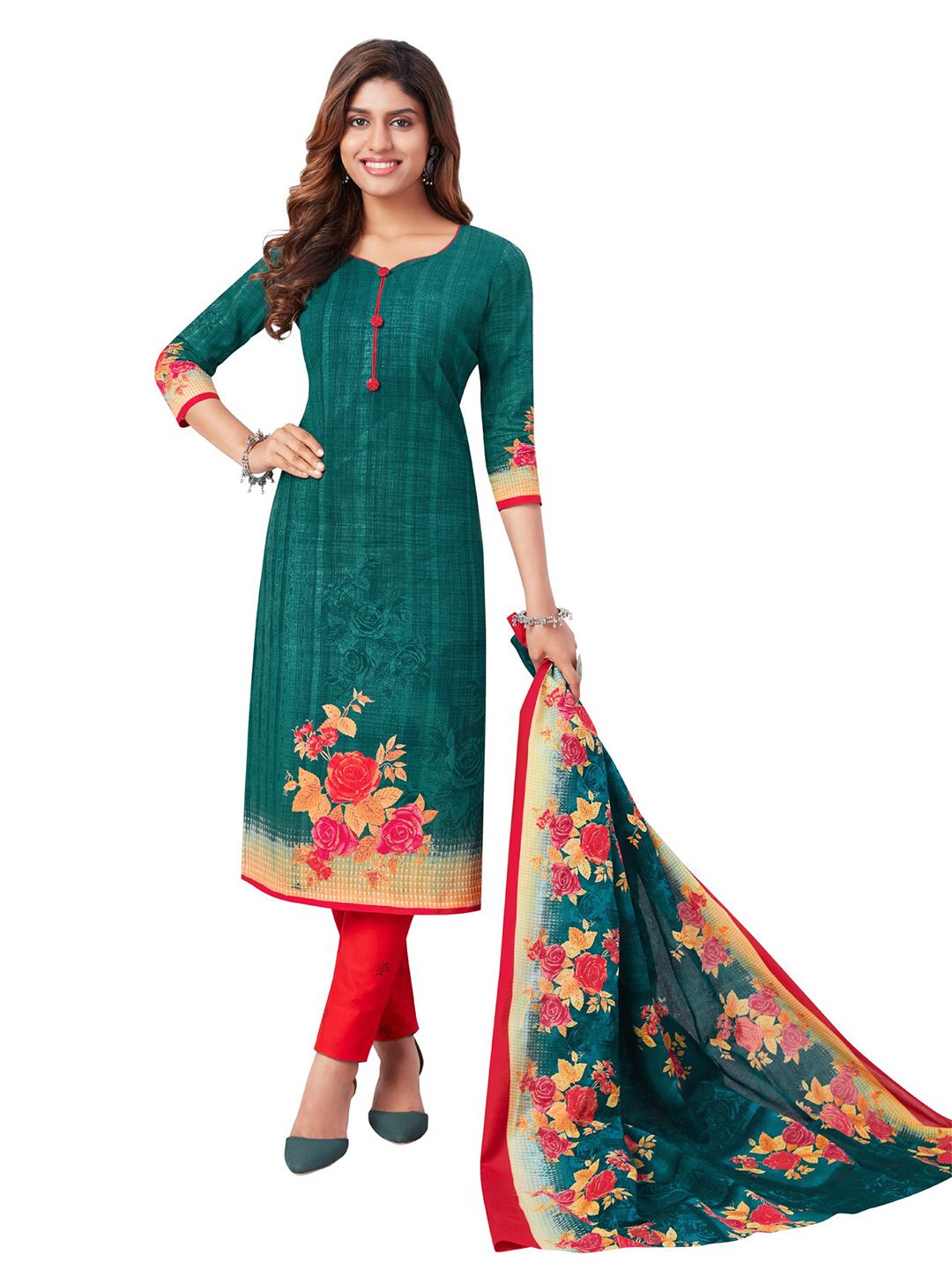 SALWAR STUDIO Women Green & Red Printed Pure Cotton Unstitched Dress Material Price in India