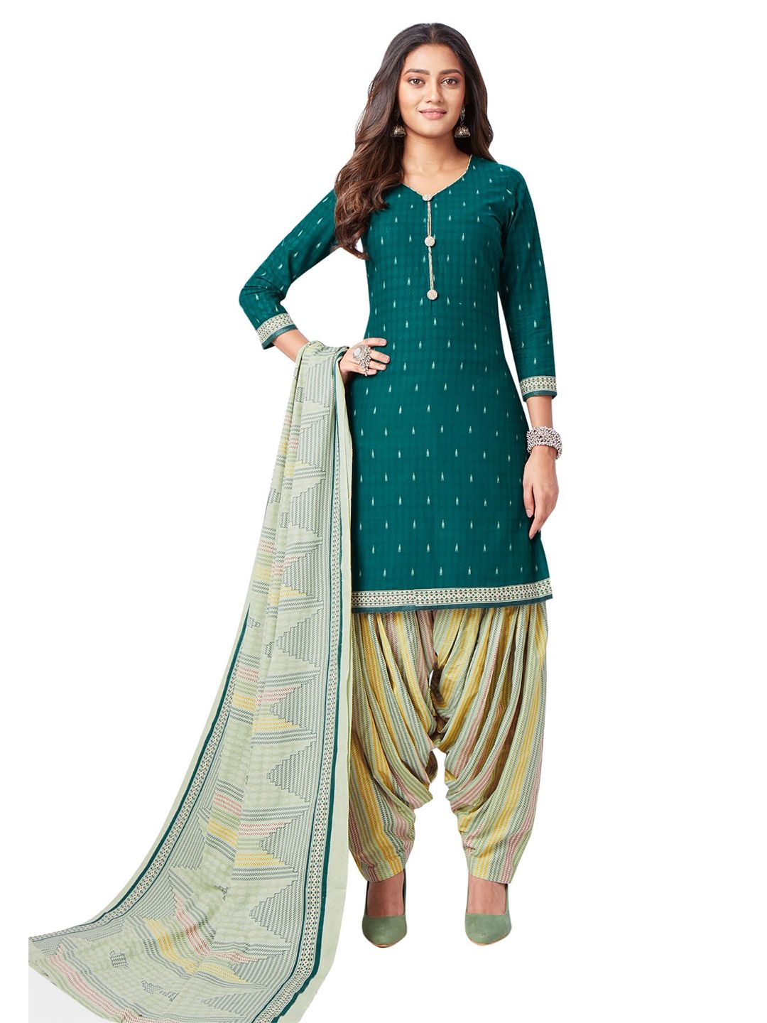 SALWAR STUDIO Green & Beige Printed Pure Cotton Unstitched Dress Material Price in India