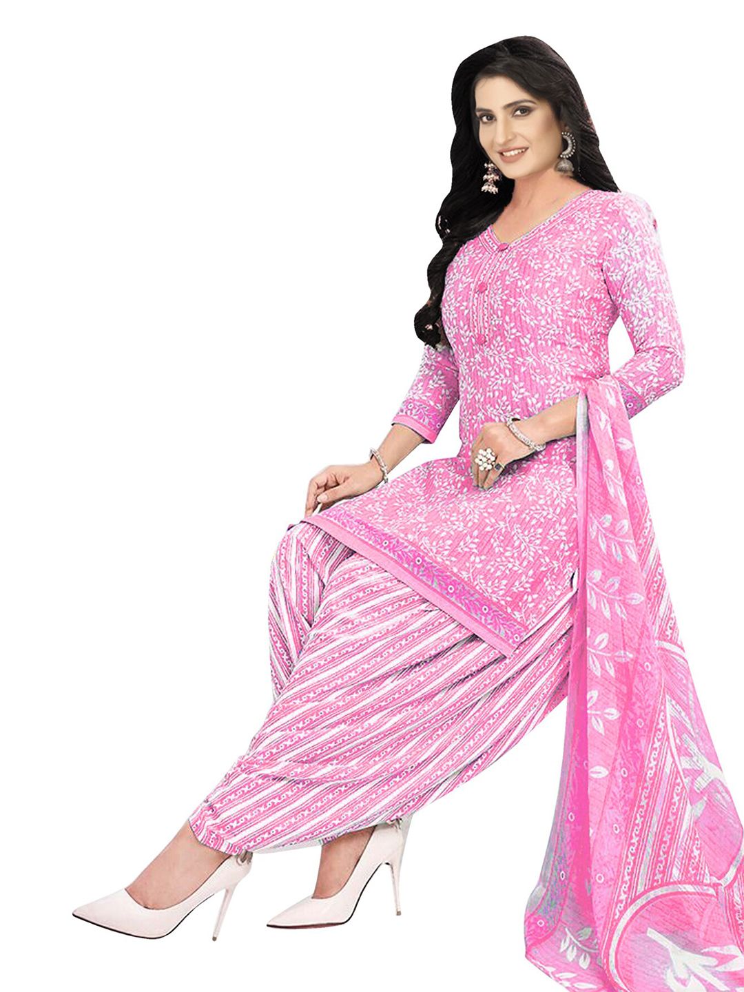 SALWAR STUDIO Pink & Grey Printed Unstitched Dress Material Price in India