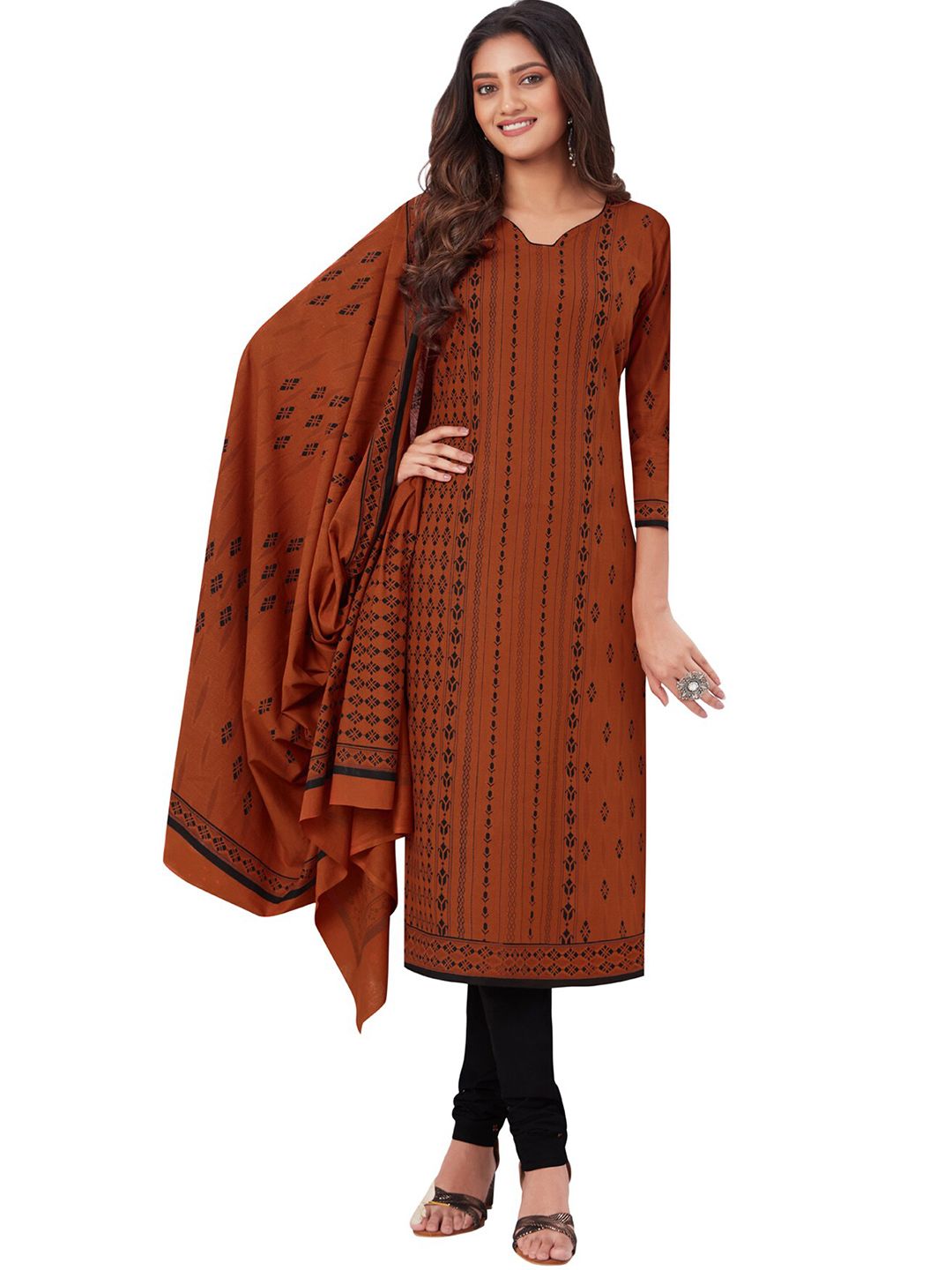 SALWAR STUDIO Brown & Black Printed Pure Cotton Unstitched Dress Material Price in India