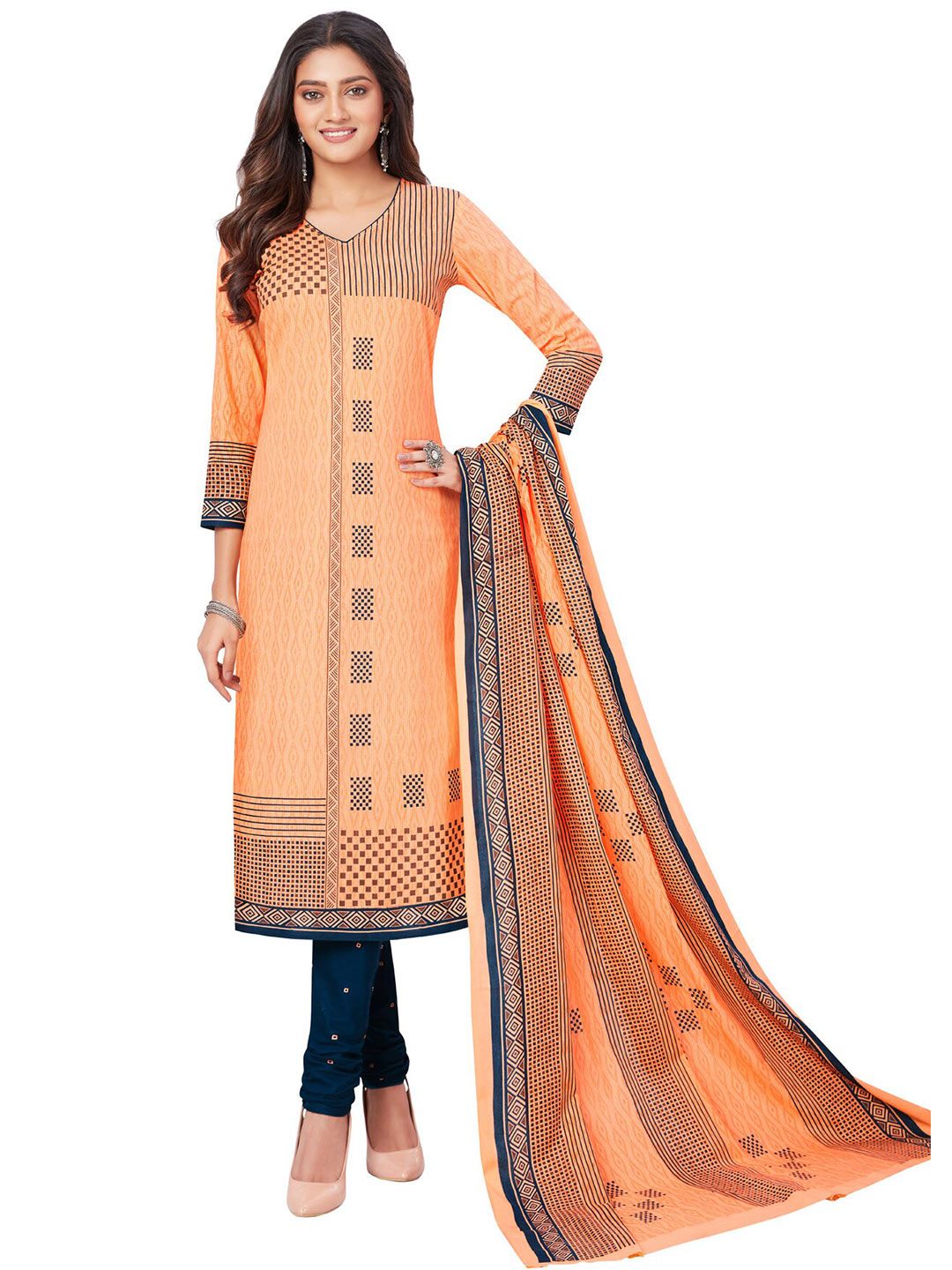 SALWAR STUDIO Orange & Blue Printed Pure Cotton Unstitched Dress Material Price in India