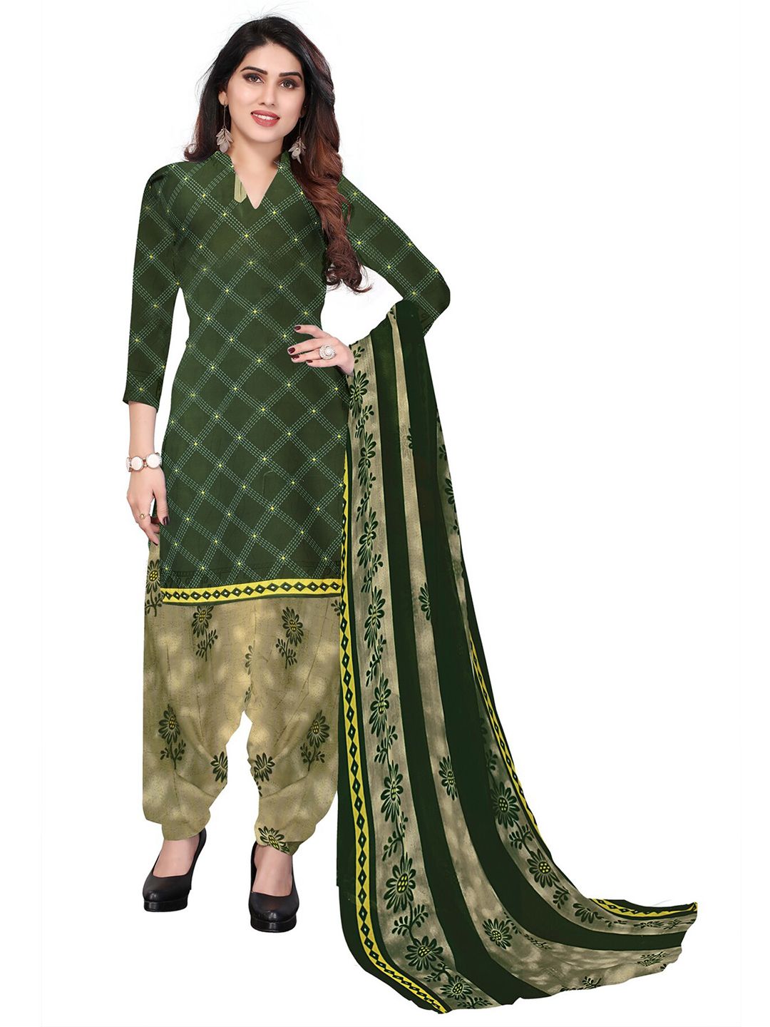 SALWAR STUDIO Green Printed Unstitched Dress Material Price in India