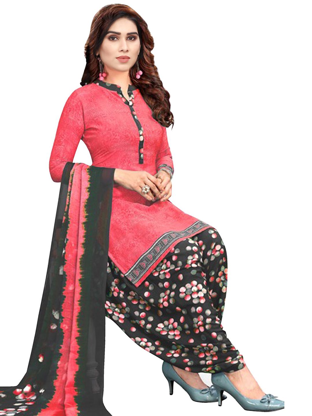 SALWAR STUDIO Pink & Black Printed Unstitched Dress Material Price in India