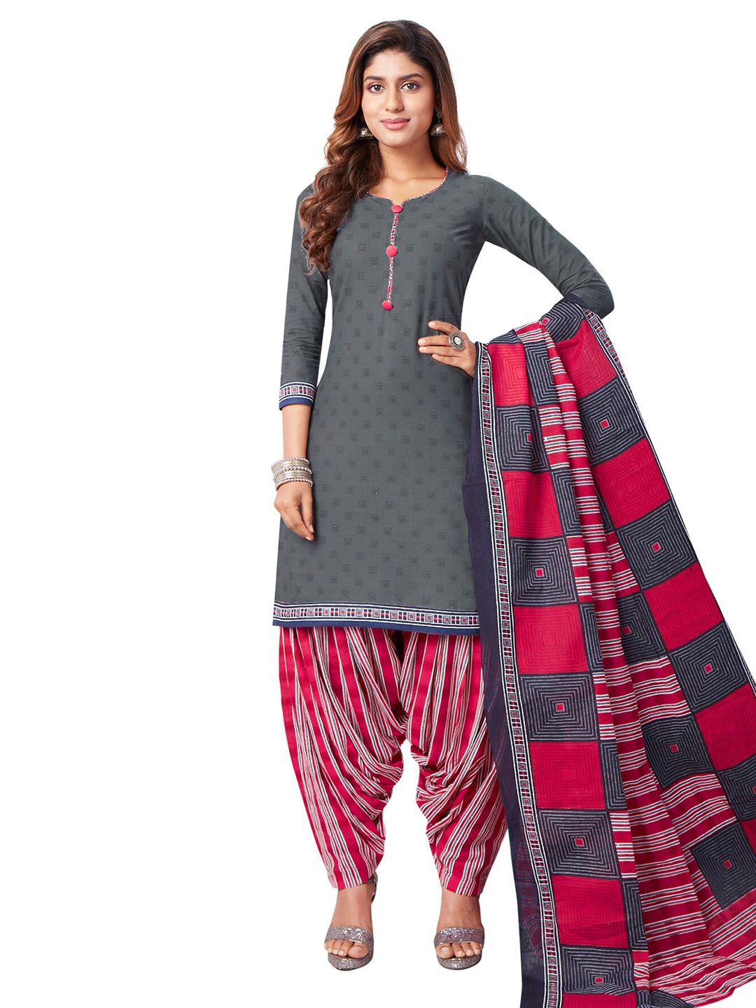 SALWAR STUDIO Grey & Red Printed Pure Cotton Unstitched Dress Material Price in India