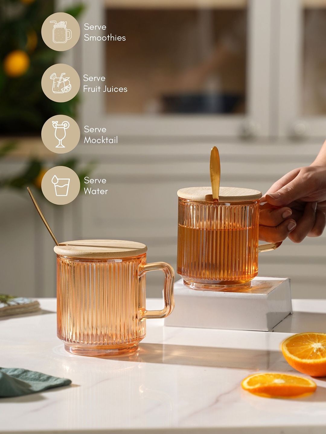 Nestasia Set Of 2 Orange Solid Glass Mug With Lid And Spoon Price in India