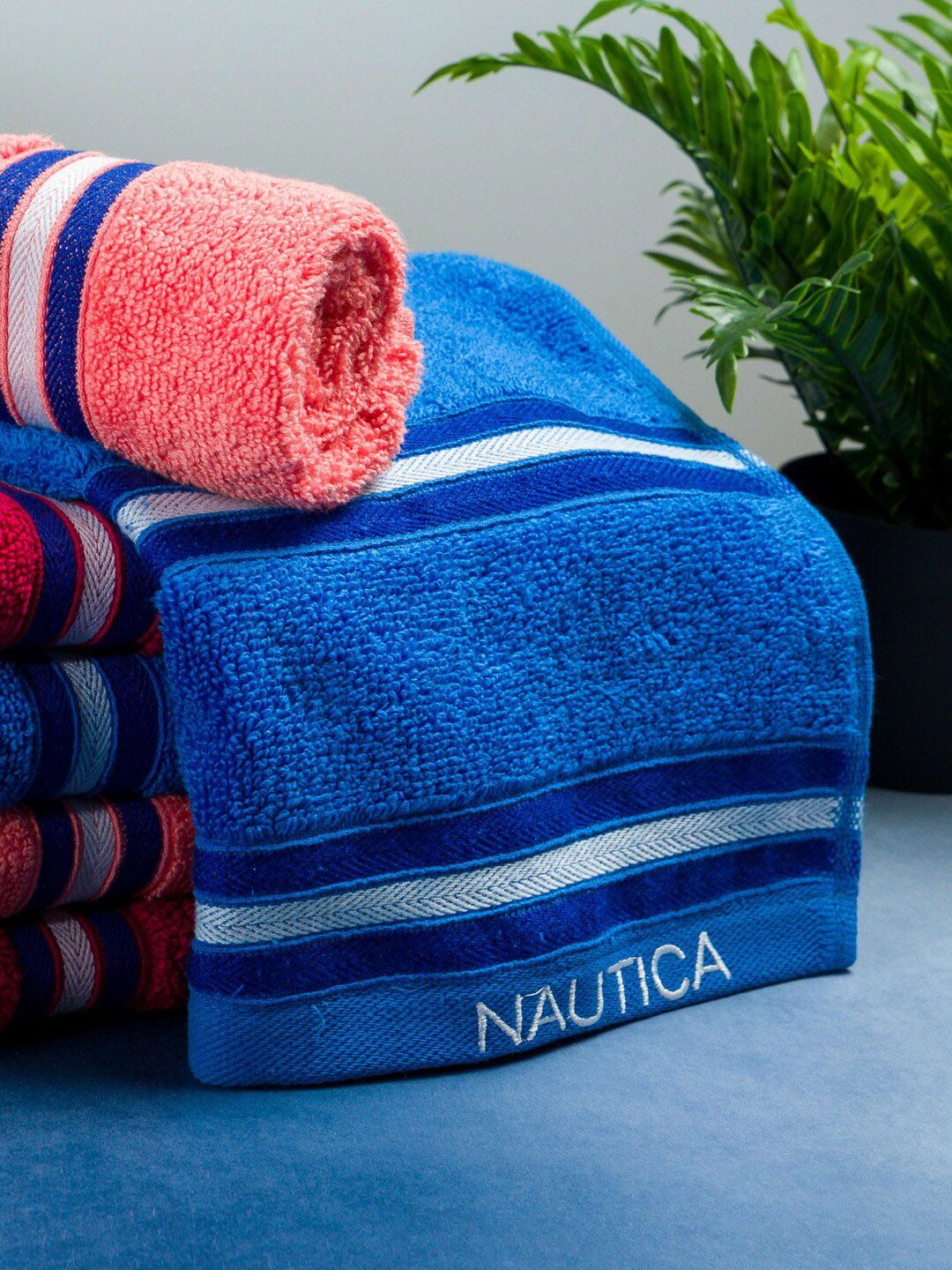Nautica Set Of 6 Peach & Blue Solid Cotton GSM 500 Hand Towels Price in India