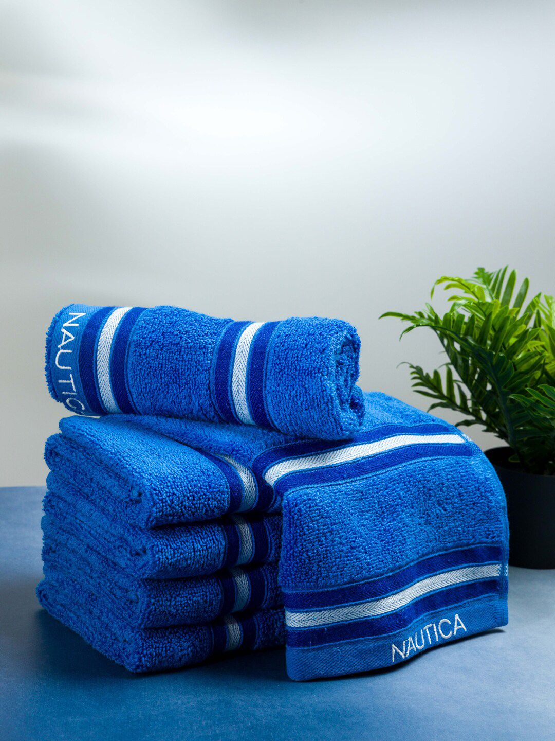 Nautica Set of 6 Blue Striped 500 GSM Pure Cotton Towel Set Price in India