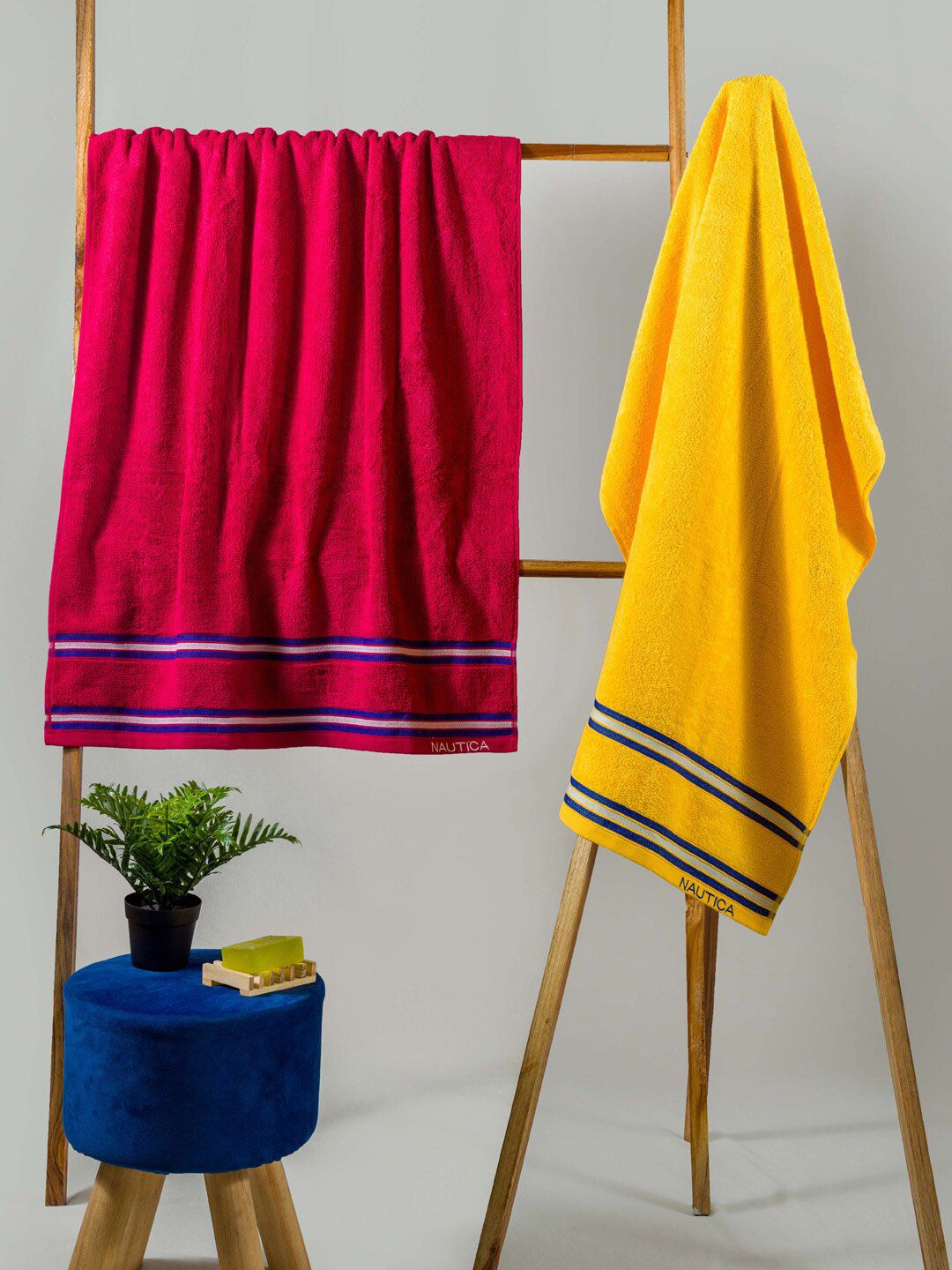 Nautica Set Of 2 Red & Yellow Solid 500 GSM Pure Cotton Bath Towel Price in India