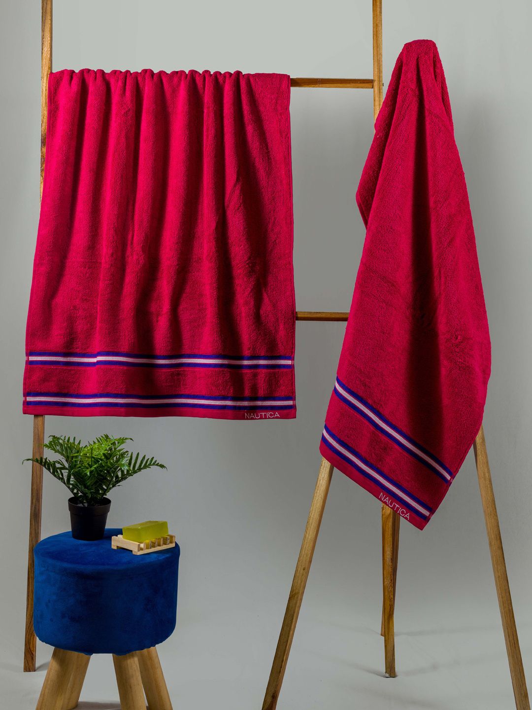 Nautica Set Of 2  Burgundy Striped 500 GSM Pure Cotton Bath Towels Price in India