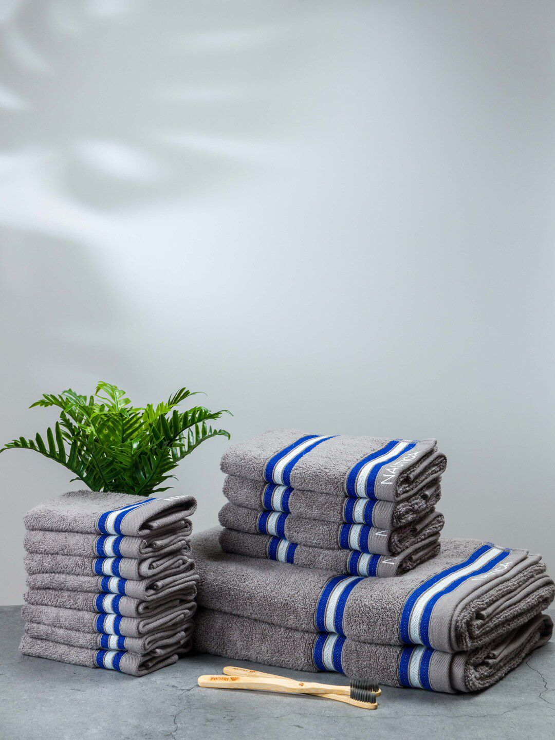 Nautica Set Of 14 Grey Striped Pure Cotton 500 GSM Towel Set Price in India