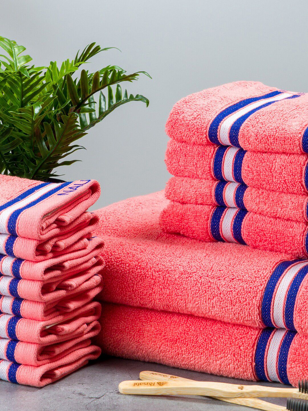 Nautica Set Of 14 Coral  Pink Striped Pure Cotton 500 GSM Towel Set Price in India
