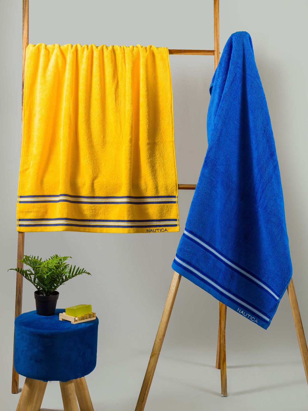 Nautica Set Of 2 Yellow & Blue Striped 500 GSM Pure Cotton Bath Towel Price in India