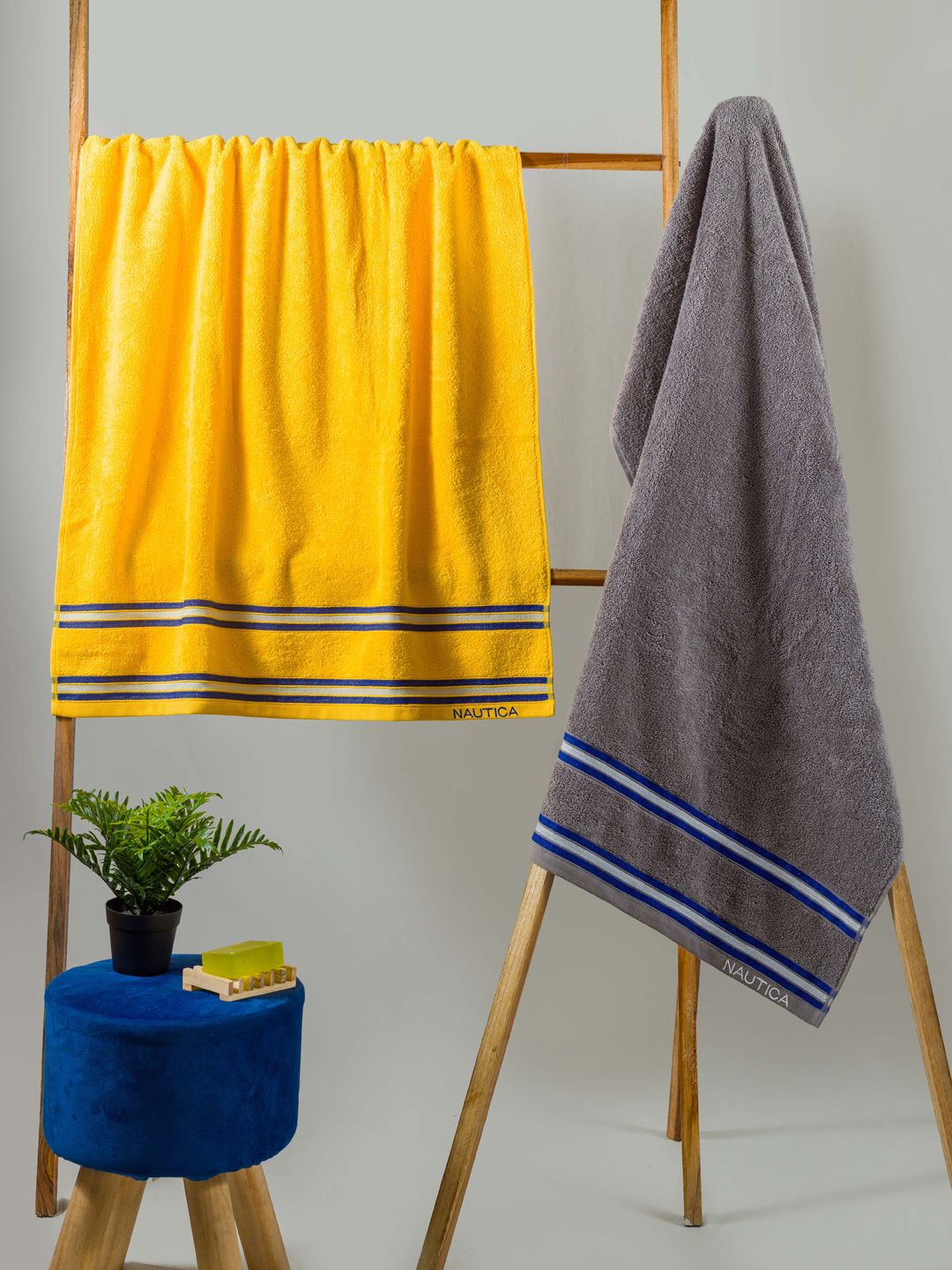 Nautica Pack Of 2 Yellow & Grey Striped 500 GSM Pure Cotton Bath Towels Price in India