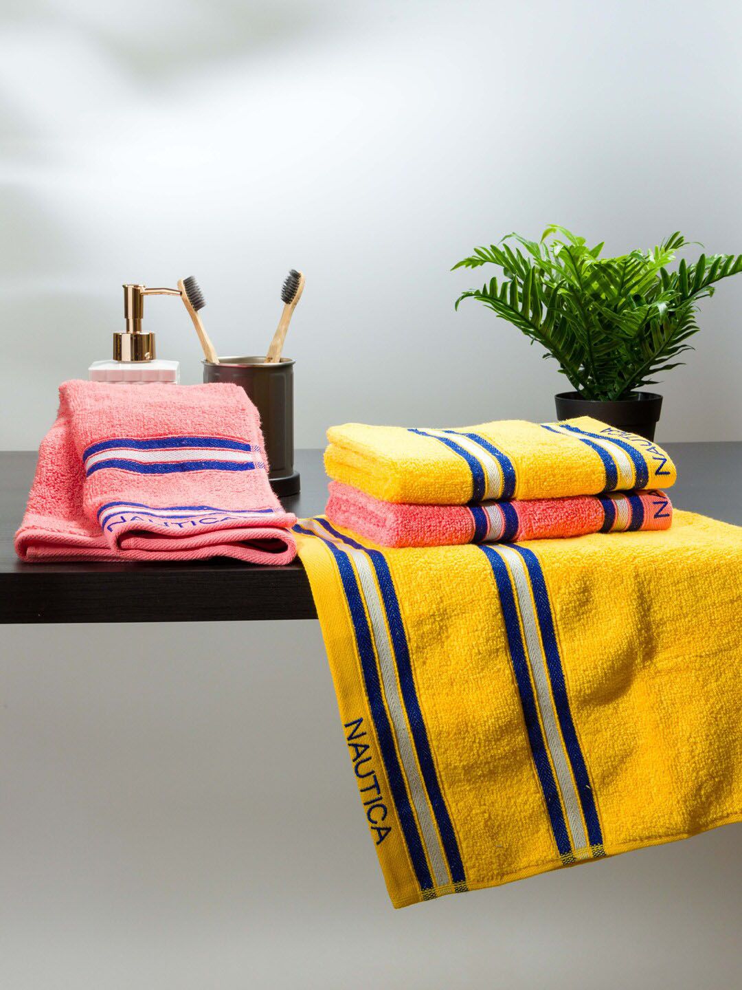 Nautica Pack of 4 Yellow & Coral Striped 500 GSM Pure Cotton Hand Towel Price in India