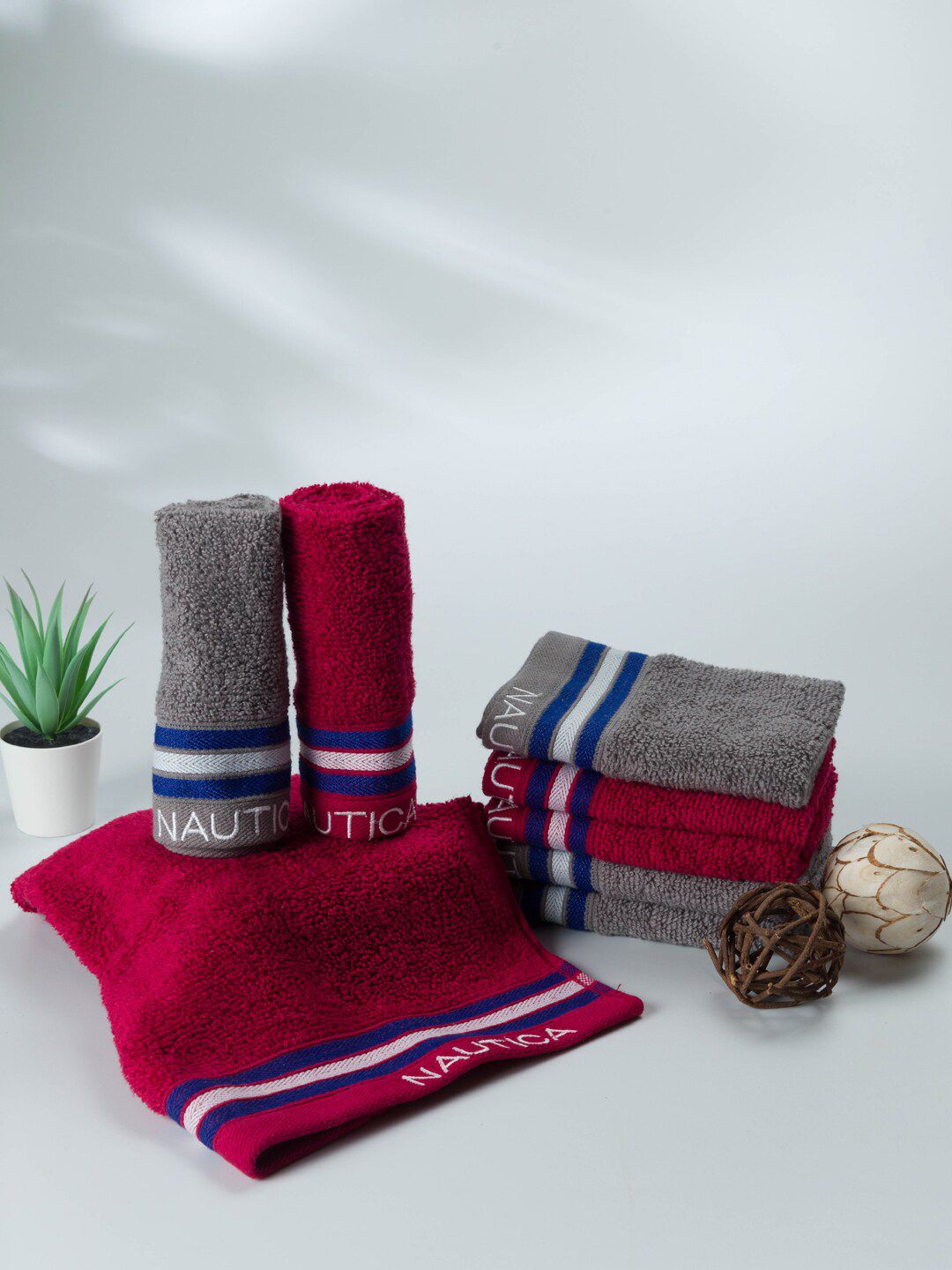 Nautica Pack of 8 Grey & Burgundy Striped Pure Cotton 600 GSM Face Towels Price in India