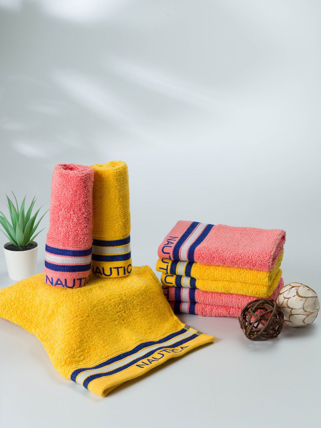 Nautica Set Of 8 Yellow & Pink 500 GSM Striped Pure Cotton Face Towels Price in India