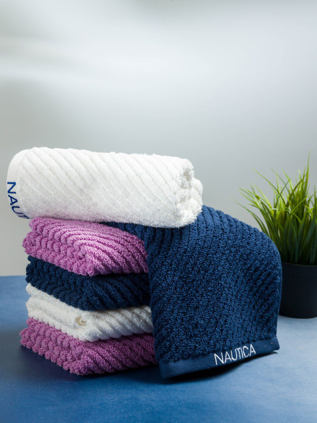 Nautica Set Of 6 Navy Blue & White Striped Pure Cotton 600 GSM Hand Towels Price in India