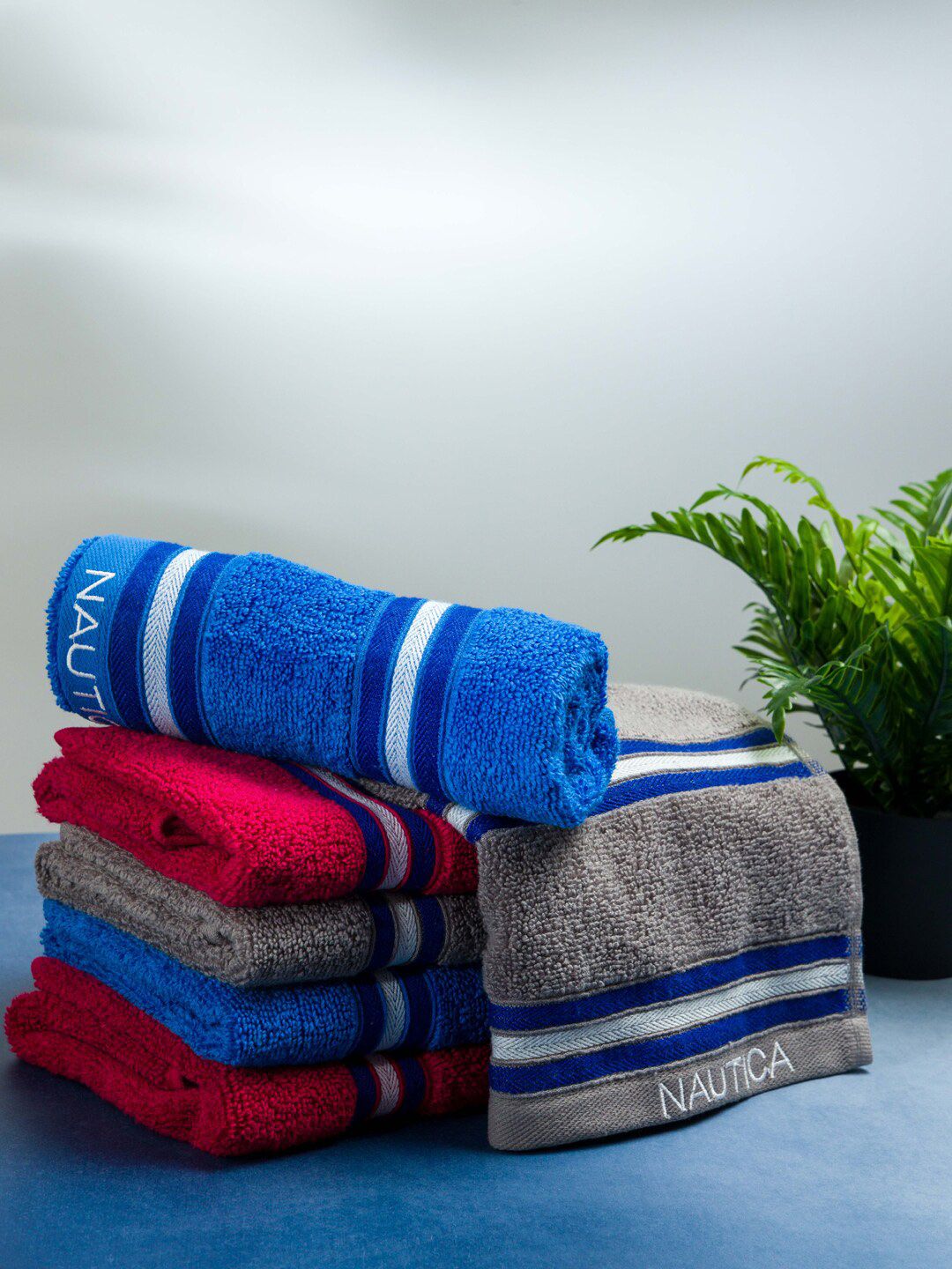 Nautica Set Of 6 Grey & Blue Solid Pure Cotton 500 GSM Hand Towels Price in India