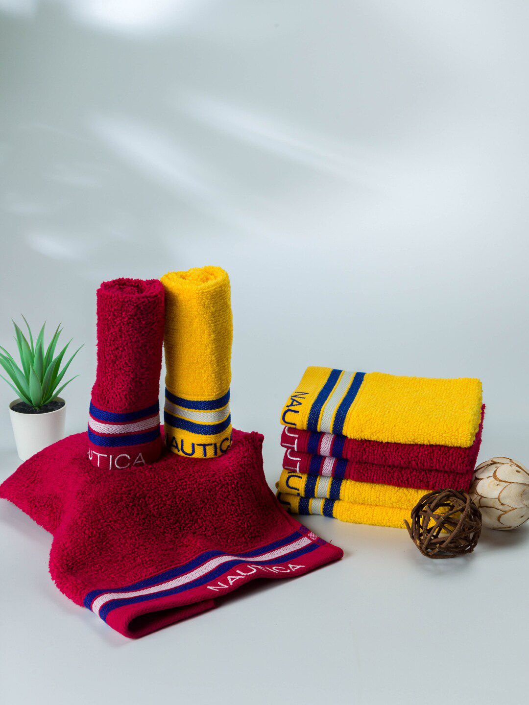 Nautica Set Of 8 Yellow & Red Striped Pure Cotton 500 GSM Face Towels Price in India