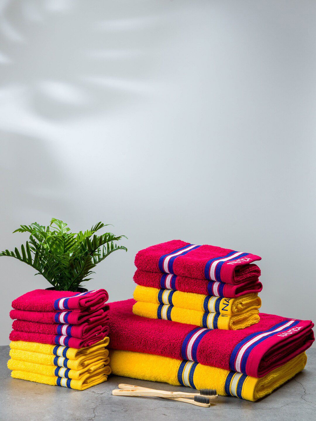 Nautica Set of 14 Burgundy & Yellow Solid 500 GSM Pure Cotton Towel Set Price in India