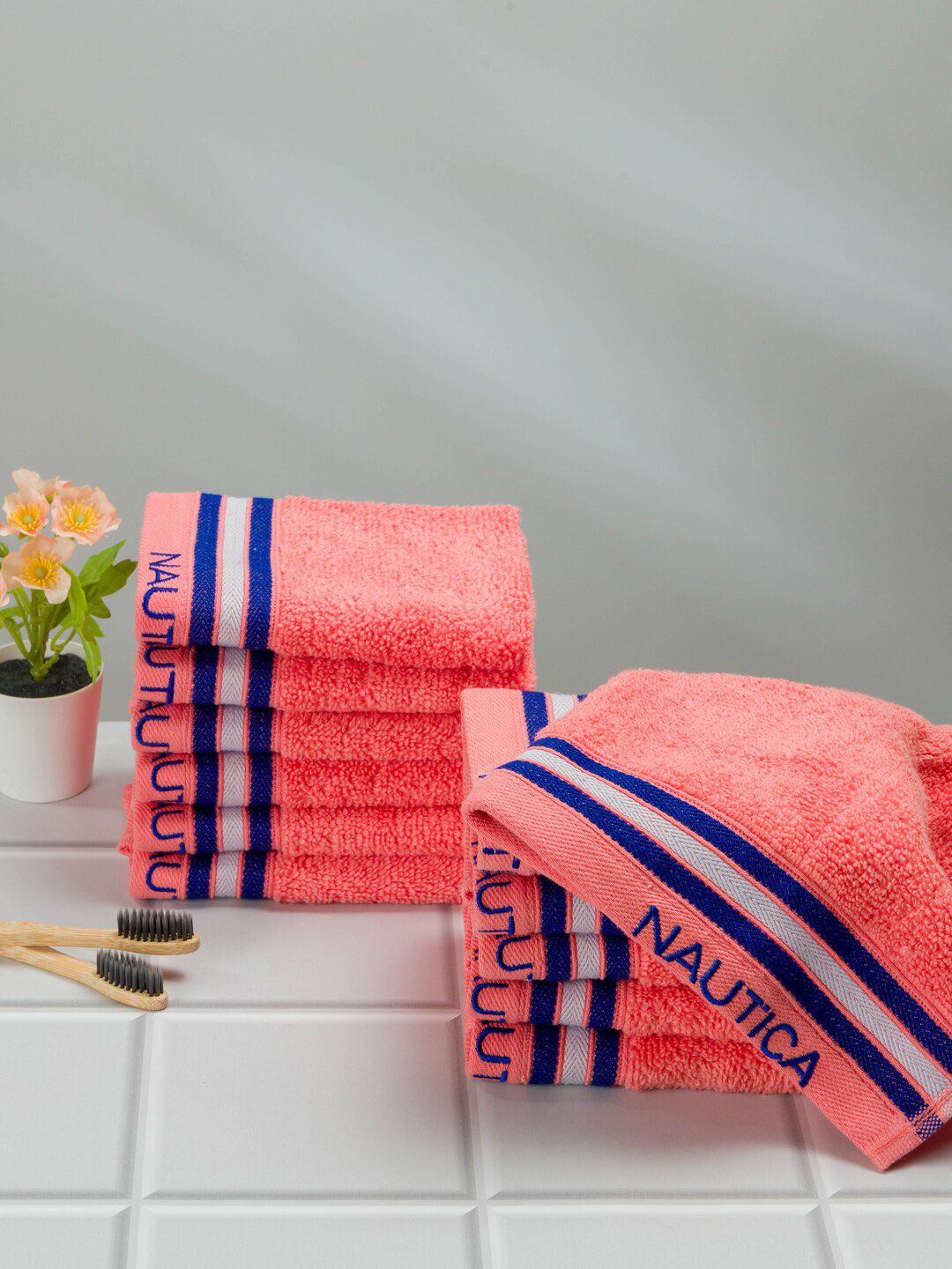 Nautica Set Of 12 Coral Pink Solid Pure Cotton 500 GSM Face Towels Price in India