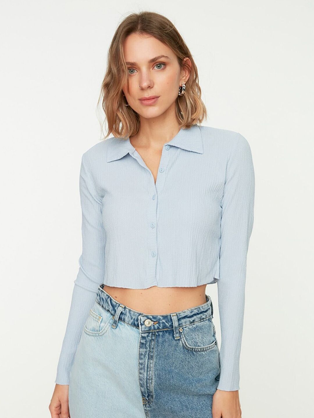 Trendyol Women Blue Shirt Style Long Sleeves  Crop Top Price in India