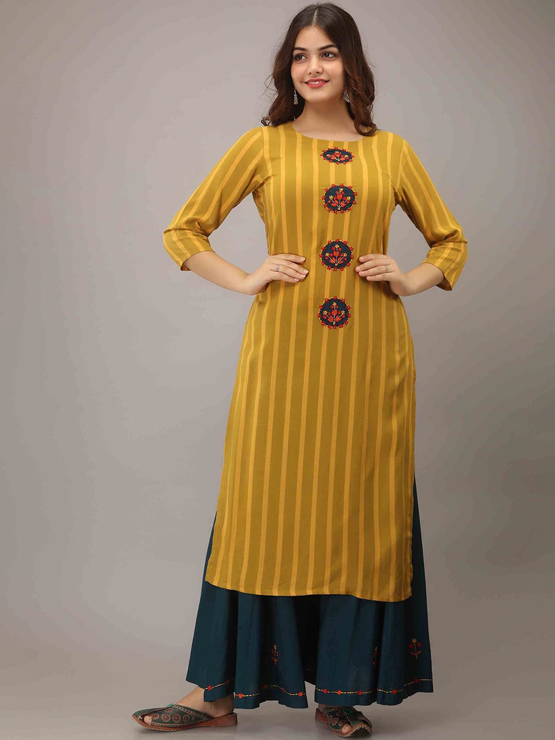 KALINI Women Yellow Embroidered Panelled Kantha Work Kurti with Skirt Price in India
