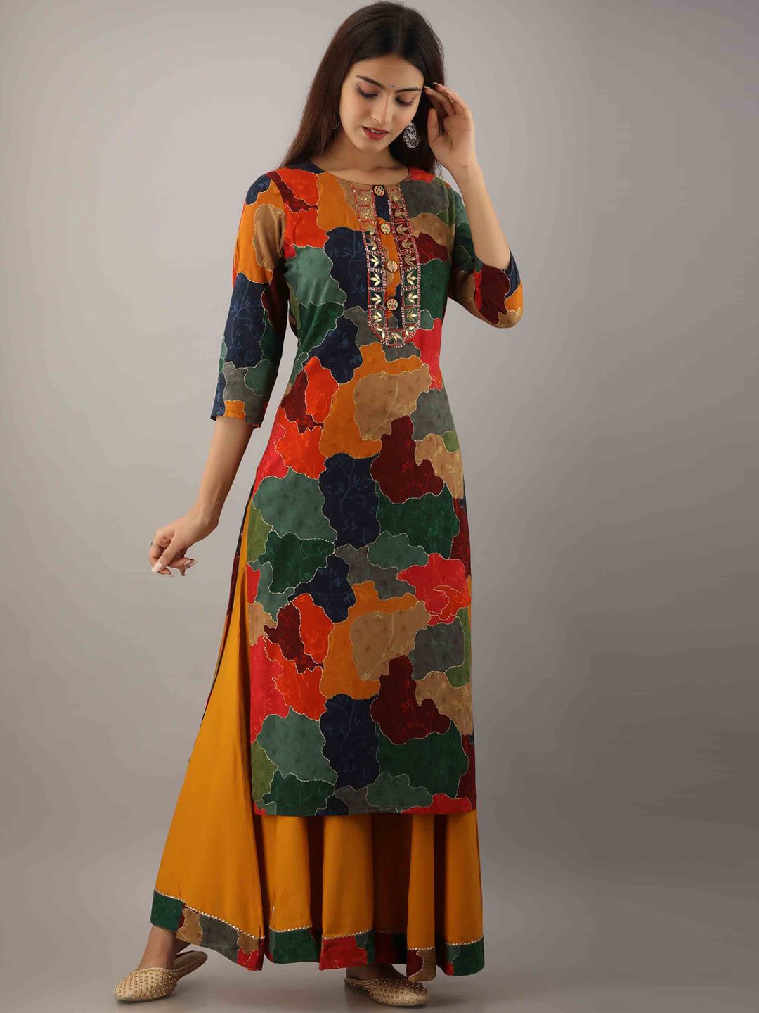KALINI Women Multicoloured Embroidered Empire Kurti with Skirt Price in India
