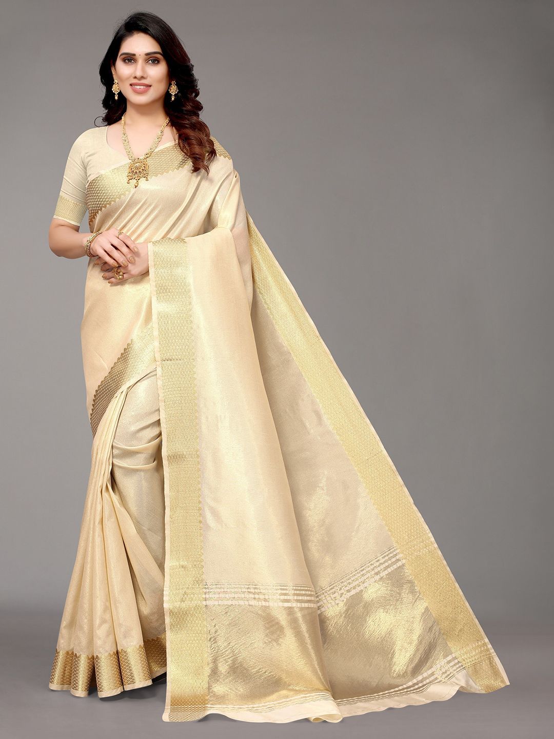 Winza Designer Cream-Coloured & Gold-Toned Woven Design Zari Silk Blend Banarasi Saree Price in India