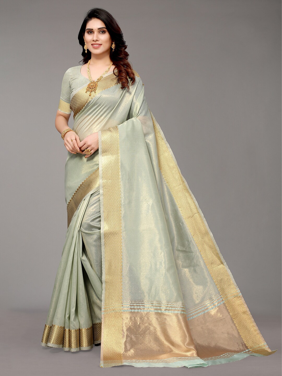 Winza Designer Olive Green & Gold-Toned Woven Design Zari Silk Blend Banarasi Saree Price in India