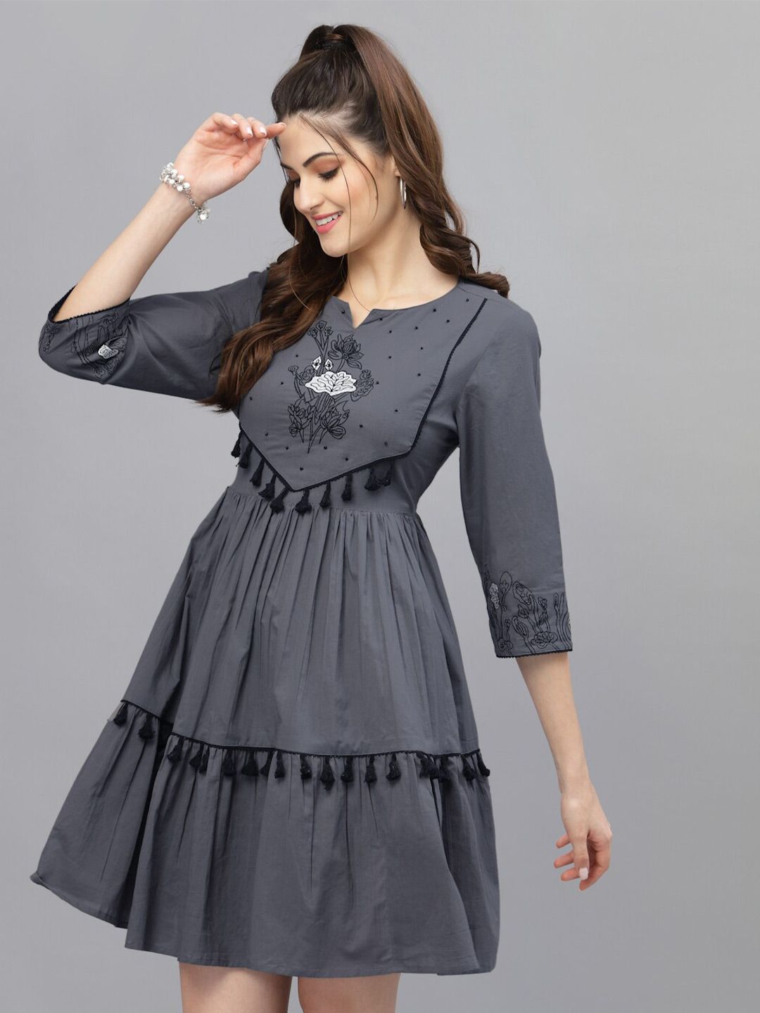 Ragavi Women Grey Tiered Cotton Dress Price in India