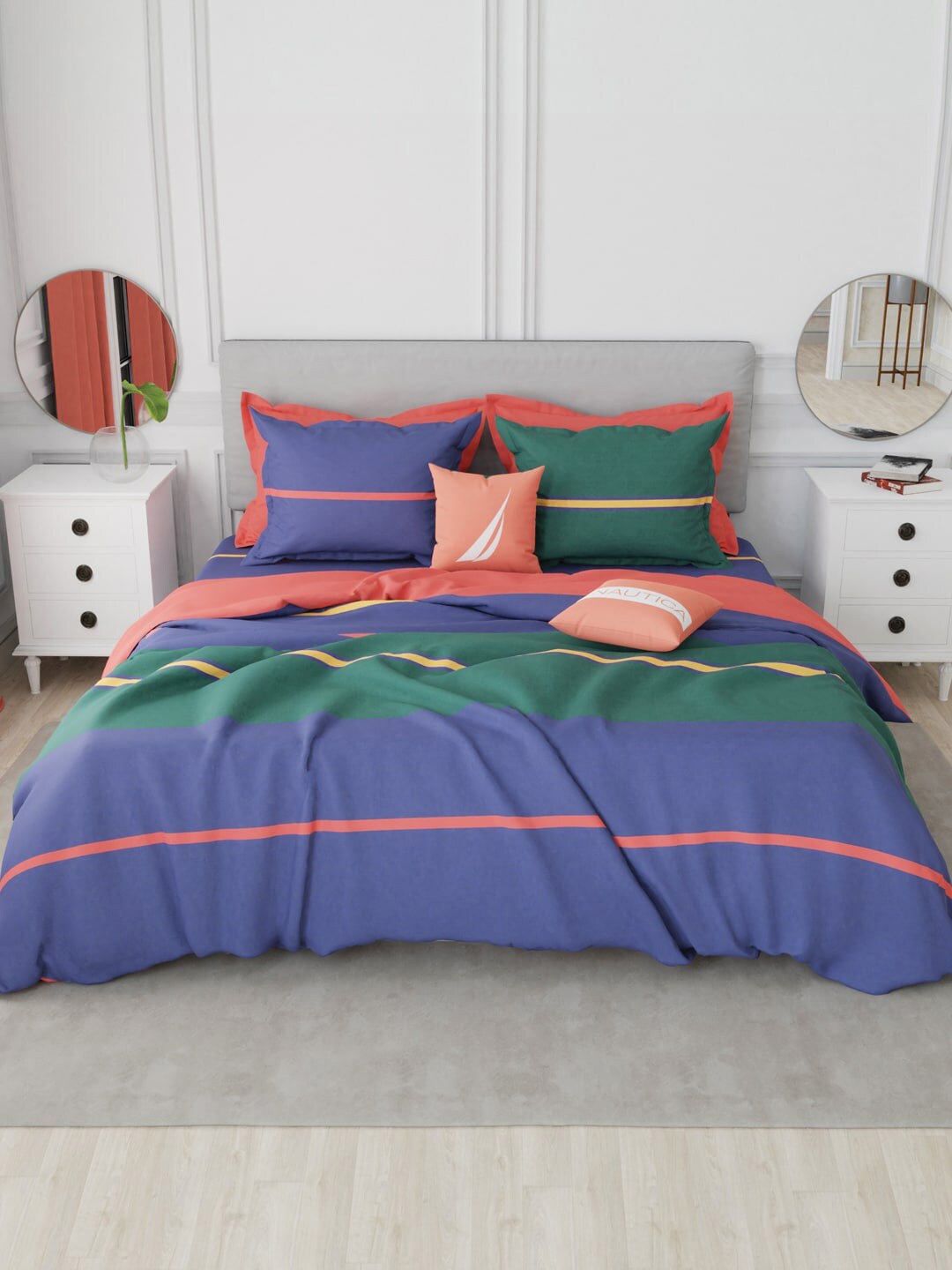 Nautica Blue & Green Striped 100% Satin Cotton AC Room 150 GSM Double Bed Comforter Price in India
