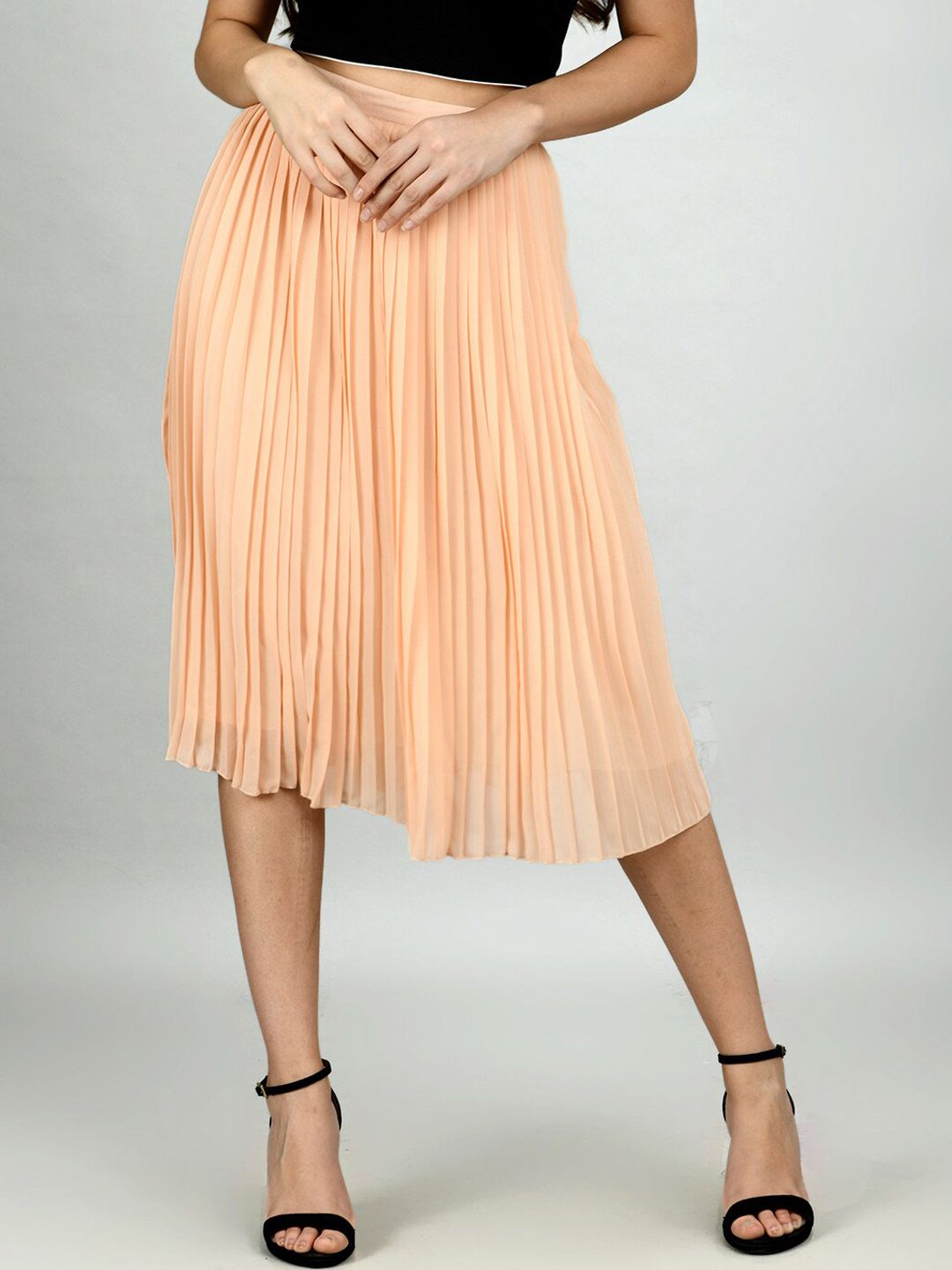 Retrobelaa Women Peach Solid Midi Skirt Price in India