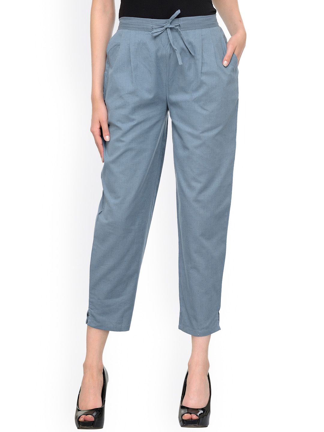 Bitterlime Women Blue Relaxed Fit Solid Peg Trousers Price in India