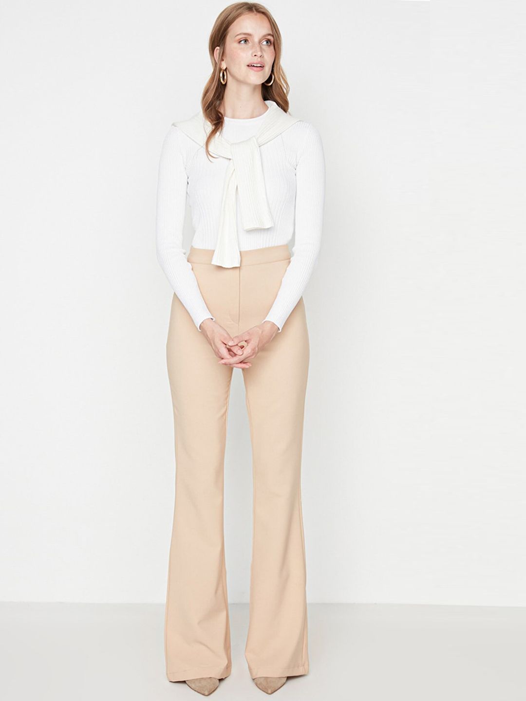 Trendyol Women Beige Solid Bootcut Trousers Price in India