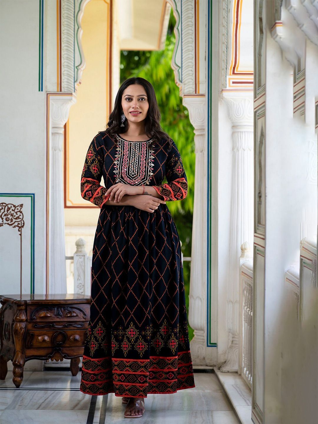 Juniper Black & Red Ethnic Maxi Dress Price in India